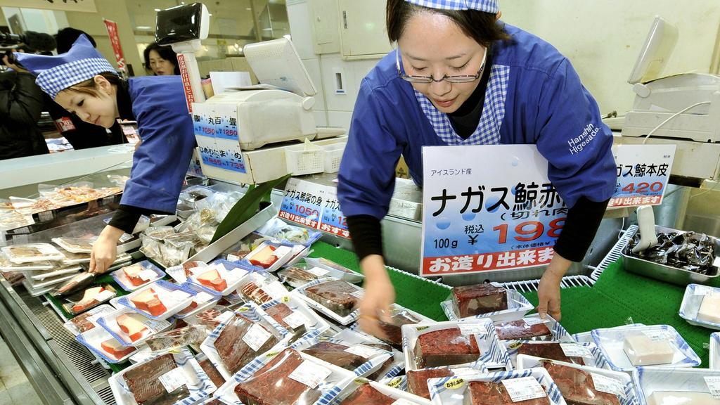 TOKYO, Japan - Whale meat is sold at an Osaka department store in January 2011. Three-quarters of more than 1,200 tons of meat from whales caught during Japan's self-described "research whaling" activities in the Northwest Pacific remains unsold, alt