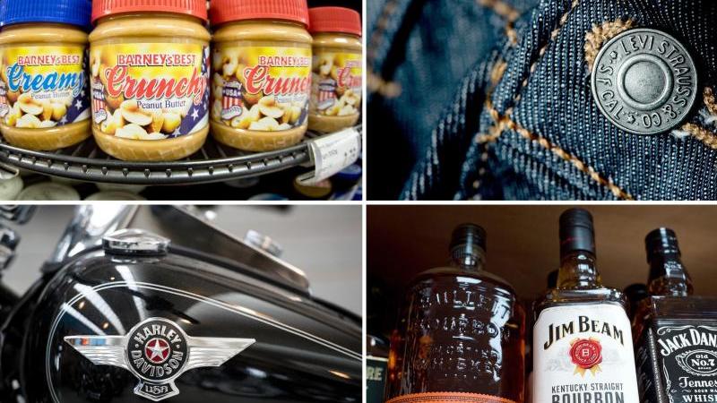 US-Produkte Erdnussbutter, Jeans, Whiskey und eine Harley-Davidson. 
