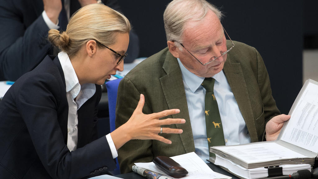 08.06.2018, Berlin: Alice Weidel und Alexander Gauland, Fraktionsvorsitzender der AfD, unterhalten sich während der 37. Sitzung des Bundestages. Themen der Sitzung sind unter anderem erste Beratungen zu Musterfeststellungsklagen und Staatszuschüsse f