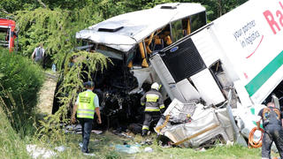 REFILE - CORRECTING BYLINE The site of a collision between a truck and a bus carrying school children is seen in Tenczyn, Poland June 8, 2018 in this image obtained from social media. FAKTY RMF FM/MAREK WIOSLO/ via REUTERS   THIS IMAGE HAS BEEN SUPPLIED BY A THIRD PARTY. IT IS DISTRIBUTED, EXACTLY AS RECEIVED BY REUTERS, AS A SERVICE TO CLIENTS.  MANDATORY CREDIT.  NO RESALES. NO ARCHIVES.