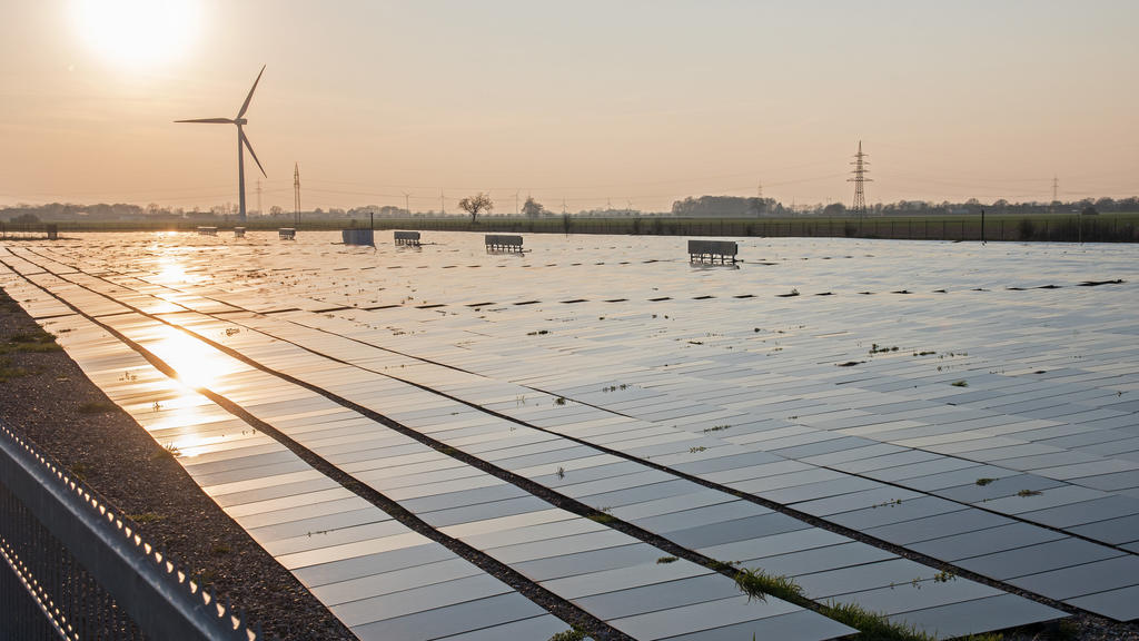 Eine Solaranlage mit flach auf dem Boden montierten Photovoltaik-Elementen liegt im Abendlicht.