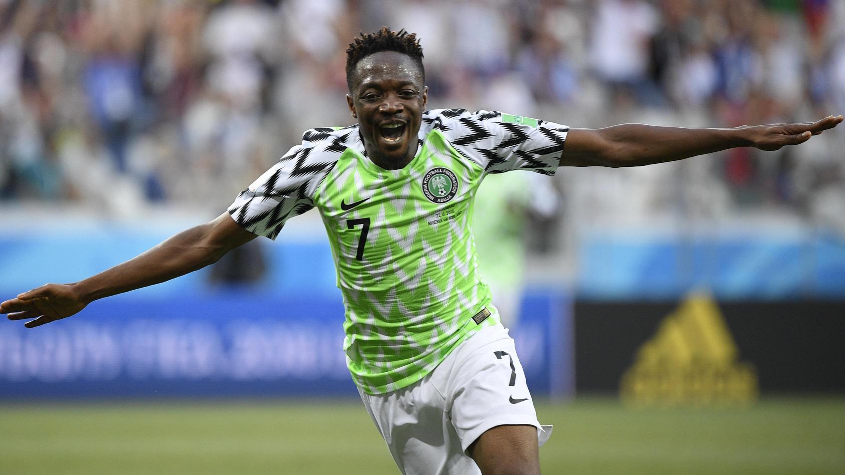 (180622) -- VOLGOGRAD, June 22, 2018 -- Ahmed Musa of Nigeria celebrates his scoring during the 2018 FIFA World Cup WM Weltmeisterschaft Fussball Group D match between Nigeria and Iceland in Volgograd, Russia, June 22, 2018. Nigeria won 2-0. ) (SP)RU