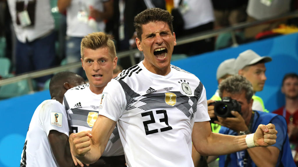 SOCHI, RUSSIA - JUNE 23: Mario Gomez of Germany celebrates the winning goal scored by Toni Kroos during the 2018 FIFA World Cup Russia group F match between Germany and Sweden at Fisht Stadium on June 23, 2018 in Sochi, Russia. (Photo by Alexander