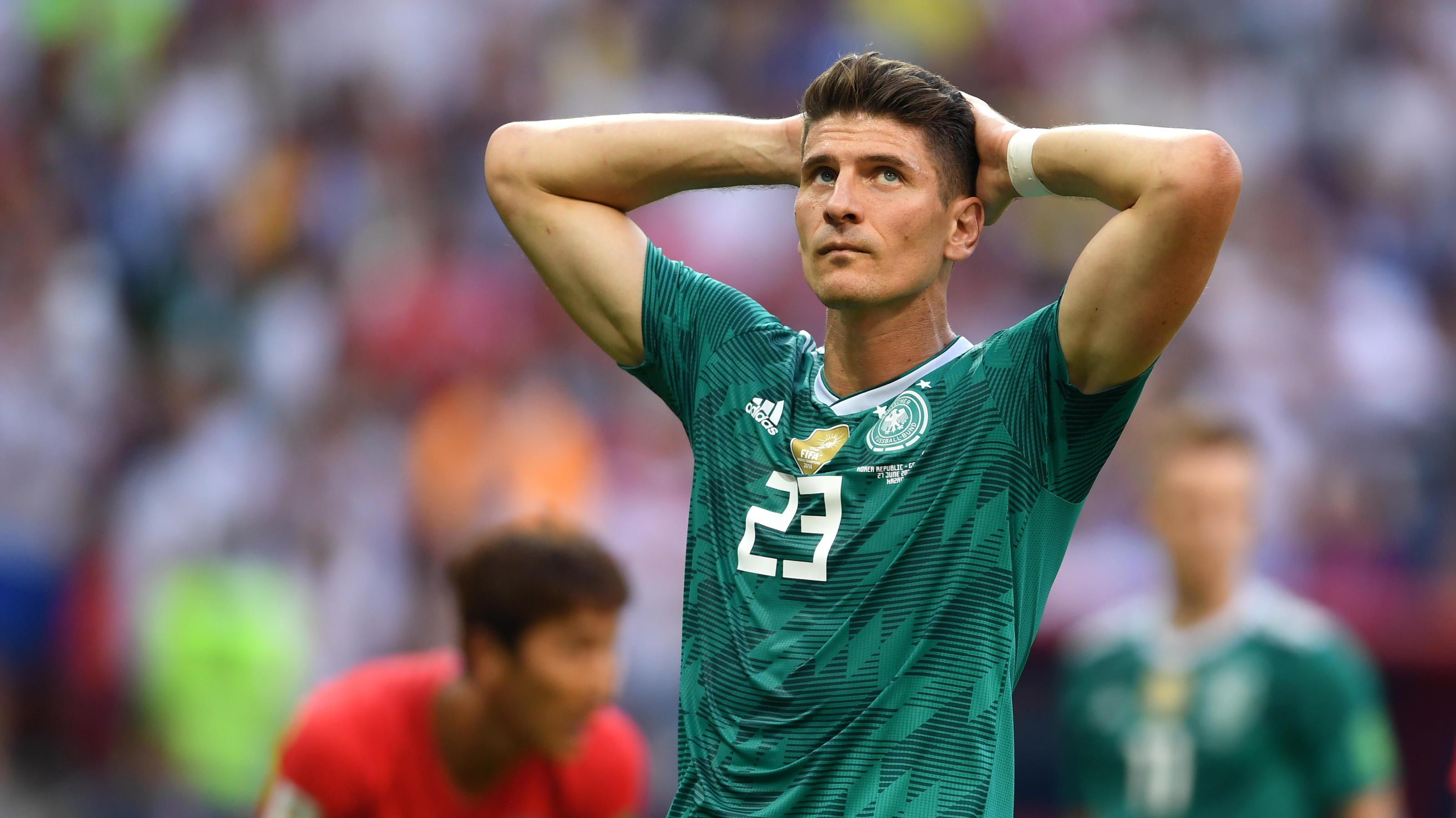 KAZAN, RUSSIA - JUNE 27:  Mario Gomez of Germany looks dejected following the 2018 FIFA World Cup Russia group F match between Korea Republic and Germany at Kazan Arena on June 27, 2018 in Kazan, Russia.  (Photo by Laurence Griffiths/Getty Images)