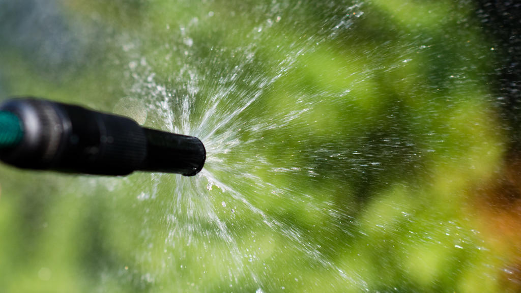 ILLUSTRATION - 17.07.2018, Niedersachsen, Laatzen: Eine Frau steht mit einem Gartenschlauch in einem Garten und gießt Pflanzen. Niedersachsens Wasserversorger reagieren gelassen auf die anhaltende Hitze, den ausbleibenden Regen und vor allen dem gest