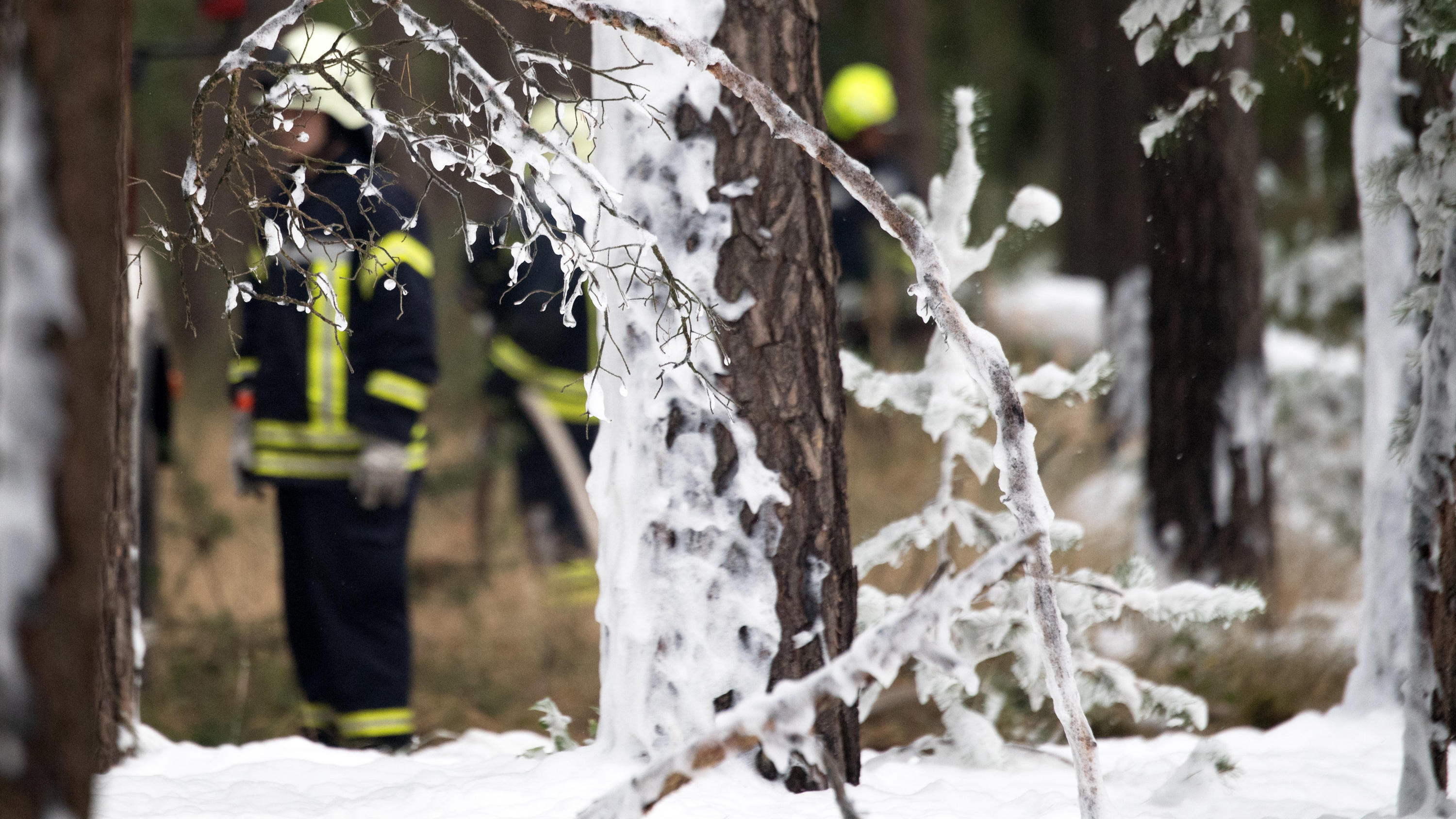 Feuerwehrmänner löschen einen Waldbrand bei Beelitz mit Löschschaum. 