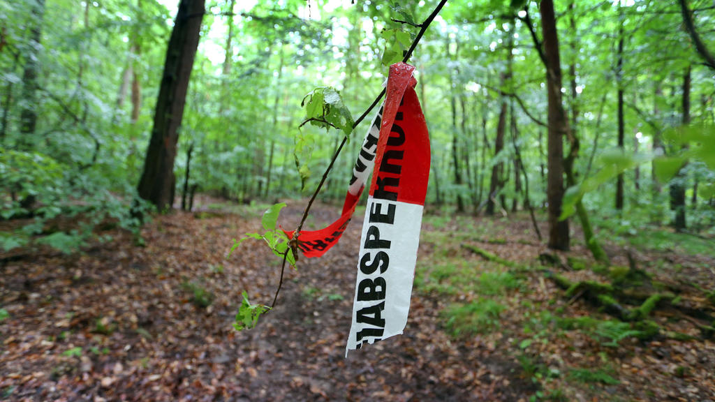 ARCHIV - 18.06.2015, Bayern, Kist: Reste von Absperrbändern der Polizei hängen in einem Wald bei Kist. In dem Waldstück wurde der entführte Sohn des Schrauben-Milliardärs Reinhold Würth gefunden. Mehr als drei Jahre nach der Tat kommt der Fall in Gie