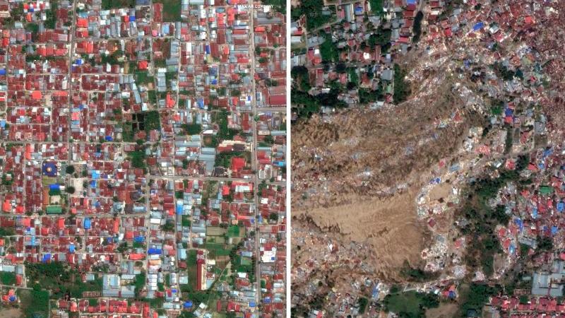 Daerah yang hancur setelah gempa bumi di Indonesia