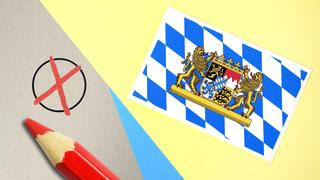 Landeswappen von Bayern mit Wahlkreuz und Stift, Symbolfoto Landtagswahl in Bayern *** Coat of arms of Bavaria with election cross and pin Symbolfoto Landtag election in Bavaria  