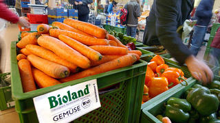 ARCHIV - Bioland-Karotten liegen im LPG Bio-Markt in Berlin zum Verkauf in einer Gemüse-Kiste, aufgenommen am 19.02.2005. Bio wird immer populärer: Der Markt ist 2012 um sechs Prozent gewachsen. Gut 7 Milliarden Euro geben die Deutschen dafür inzwischen aus. Foto: Stephanie Pilick dpa/lbn (zu dpa:"Bio-Markt wächst weiter - Bauern kommen nicht hinterher" vom 09.02.2013) +++(c) dpa - Bildfunk+++