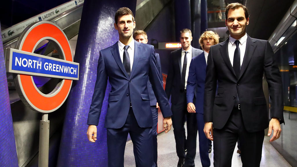 LONDON, ENGLAND - NOVEMBER 09: (EXCLUSIVE COVERAGE) The eight singles players competing at the Nitto ATP Finals take the Jubilee line on the London Underground from North Greenwich station to Westminster station to attend the Nitto ATP Finals Offici
