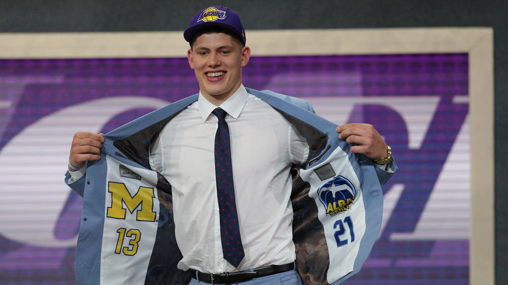 Jun 21, 2018; Brooklyn, NY, USA;  Moritz Wagner (Michigan) reacts after being selected as the number twenty-five overall pick to the Los Angeles Lakers in the first round of the 2018 NBA Draft at the Barclays Center. Mandatory Credit: Brad Penner-USA