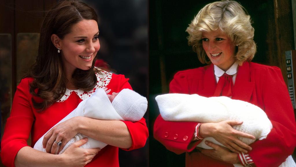 Herzogin Kate nach der Entbindung von Prinz Louis, 2018. Und Diana kurz nach Harrys Geburt, 1985.