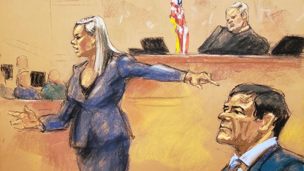 A view of a photographic reproduction of a drawing by Jane Rosenberg that shows US Attorney s Assistant Amanda Liskamm (L) during the final plea in the trial against Mexican drug lord Joaquin El Chapo Guzman Loera (R), in front of judge Brian Cogan (
