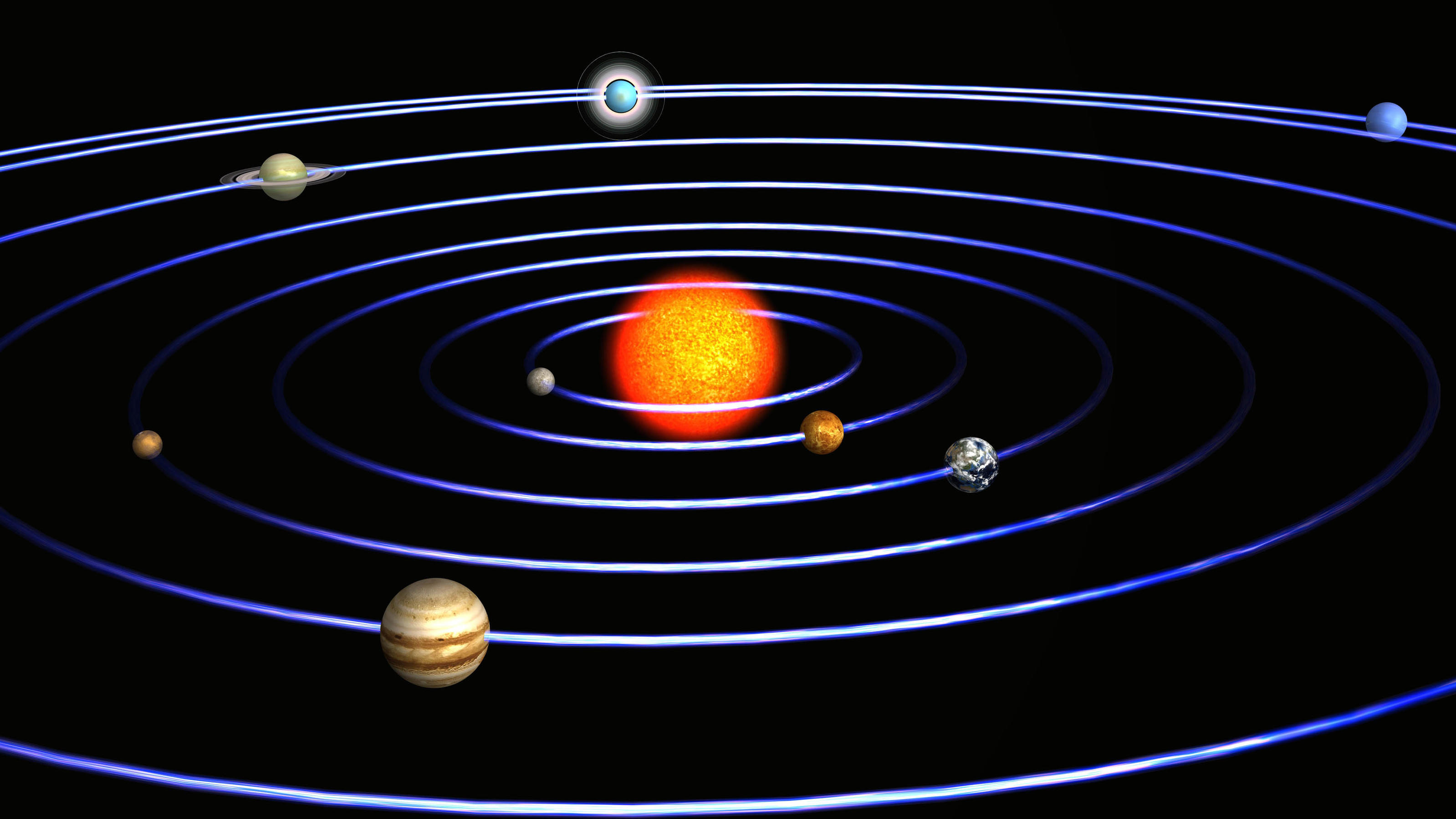 Sonnensystem mit der Sonne im Mittelpunkt und den Planeten Merkur, Venus, Erde,  Mars, Jupiter, Saturn, Uranus, Neptun / Solar system with the sun in the center and the planets mercury, venus, earth, mars, Jupiter, Saturn, Uranus, neptune | Verwendun