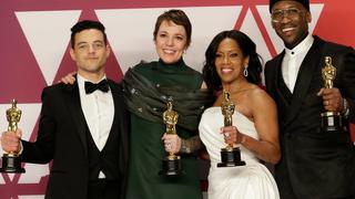 (L-R) Rami Malek winner of Best Actor in a Leading Role for Bohemian Rhapsody, Olivia Colman, winner of Best Actress for The Favourite, Regina King, winner Best Actress in a Supporting Role for If Beale Street Could Talk and Mahershala Ali, winner of Best Actor in a Supporting Role for Green Book, appear backstage with their Oscars during the 91st annual Academy Awards at Loews Hollywood Hotel in the Hollywood section of Los Angeles on February 24, 2019. PUBLICATIONxINxGERxSUIxAUTxHUNxONLY LAP20190224829 JOHNxANGELILLO  
