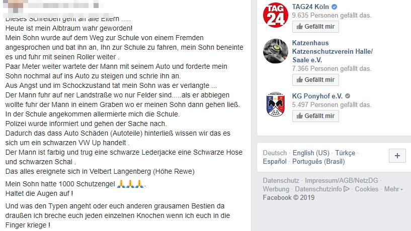 Die Mutter des in Velbert entführten Jungen hat einen Facebook-Appell an alle Eltern gerichtet.