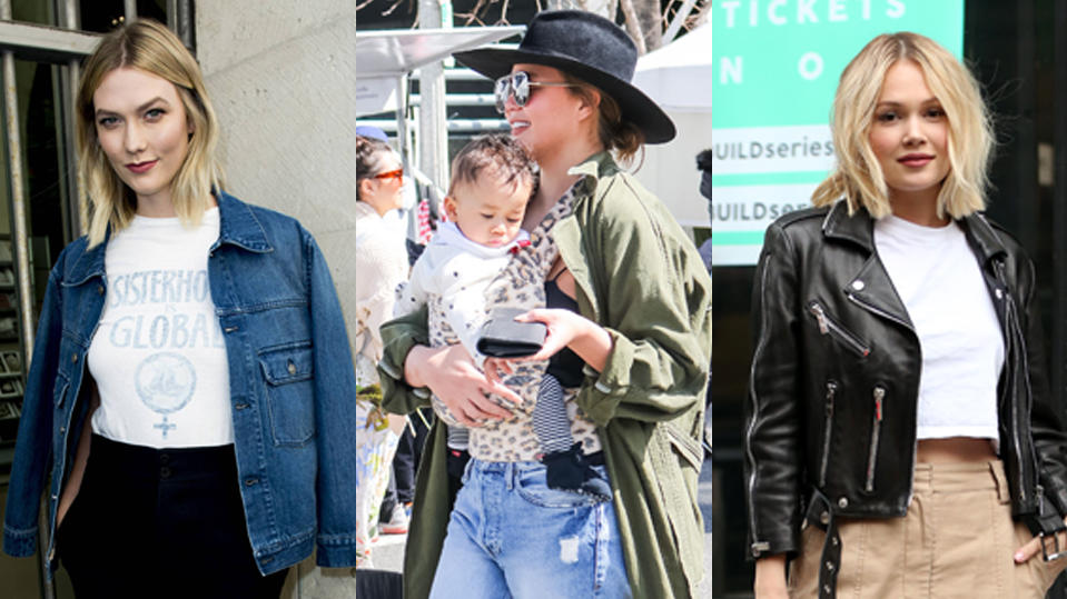 Karlie Kloss, Model Chrissy Teigen, und Schauspielerin Kelli Berglund tragen trendige Übergangsjacken.