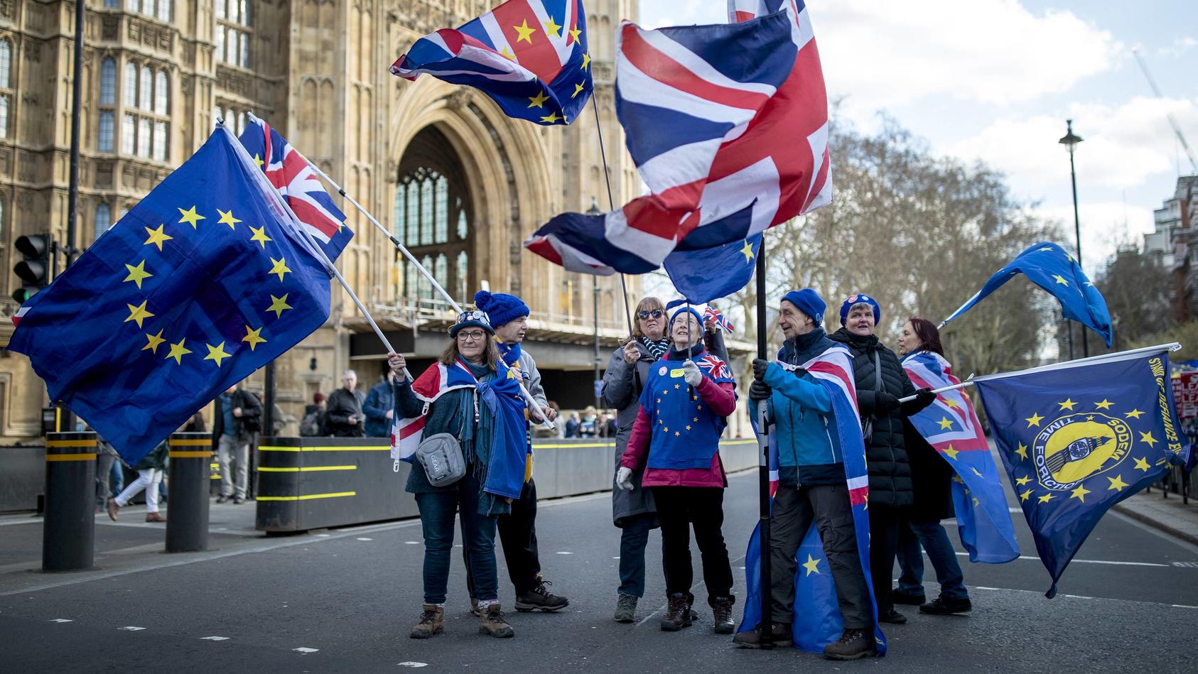 March 11, 2019 - London, London, UK - London, UK. Anti-Brexit protesters stand in the road outside the Palace of Westminster as MPs head back to Parliament. MPs will get a second Ã’meaningful voteO on Prime Minister Theresa Mays proposed Brexit deal 