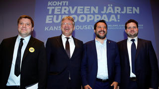 Italy's Deputy Prime Minister Matteo Salvini poses with Olli Kotro from the Finnish ECR party, Joerg Meuthen from the the German EFDD party and Anders Vistisen from the Danish ECR party, as he launches the start of his campaign for the European elections, in Milan, Italy April 8, 2019. REUTERS/Alessandro Garofalo