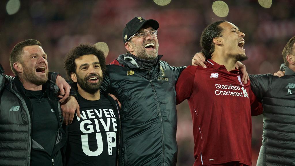 (190508) -- LIVERPOOL, May 8, 2019 (Xinhua) -- Liverpool s Mohamed Salah (2nd, L), manager Jurgen Klopp (2nd, R) and Virgil van Dijk (1st, R) celebrate after the UEFA Champions League Semi-Final second Leg match between Liverpool FC and FC Barcelona