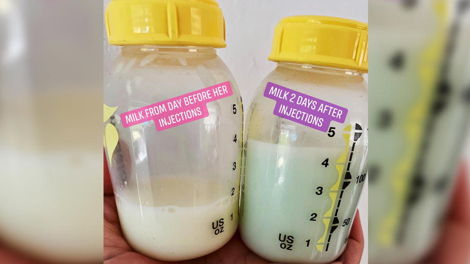Jody Fisher aus Birmingham zeigt blaue Muttermilch nach Impfung ihres Babys