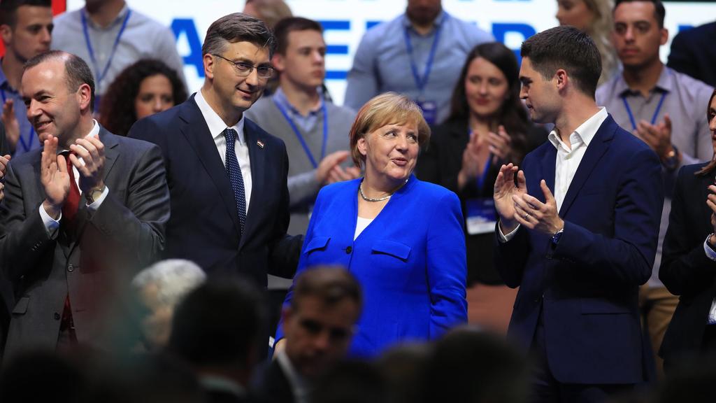 Angela Merkel in Croatia 18.05.2019.,Croatia, Zagreb - German Chancellor Angela Merkel participated in the central election Rally of the Croatian Democratic Union for the European Parliament elections. Manfred Weber, Andrej Plenkovic, Angela Merkel,