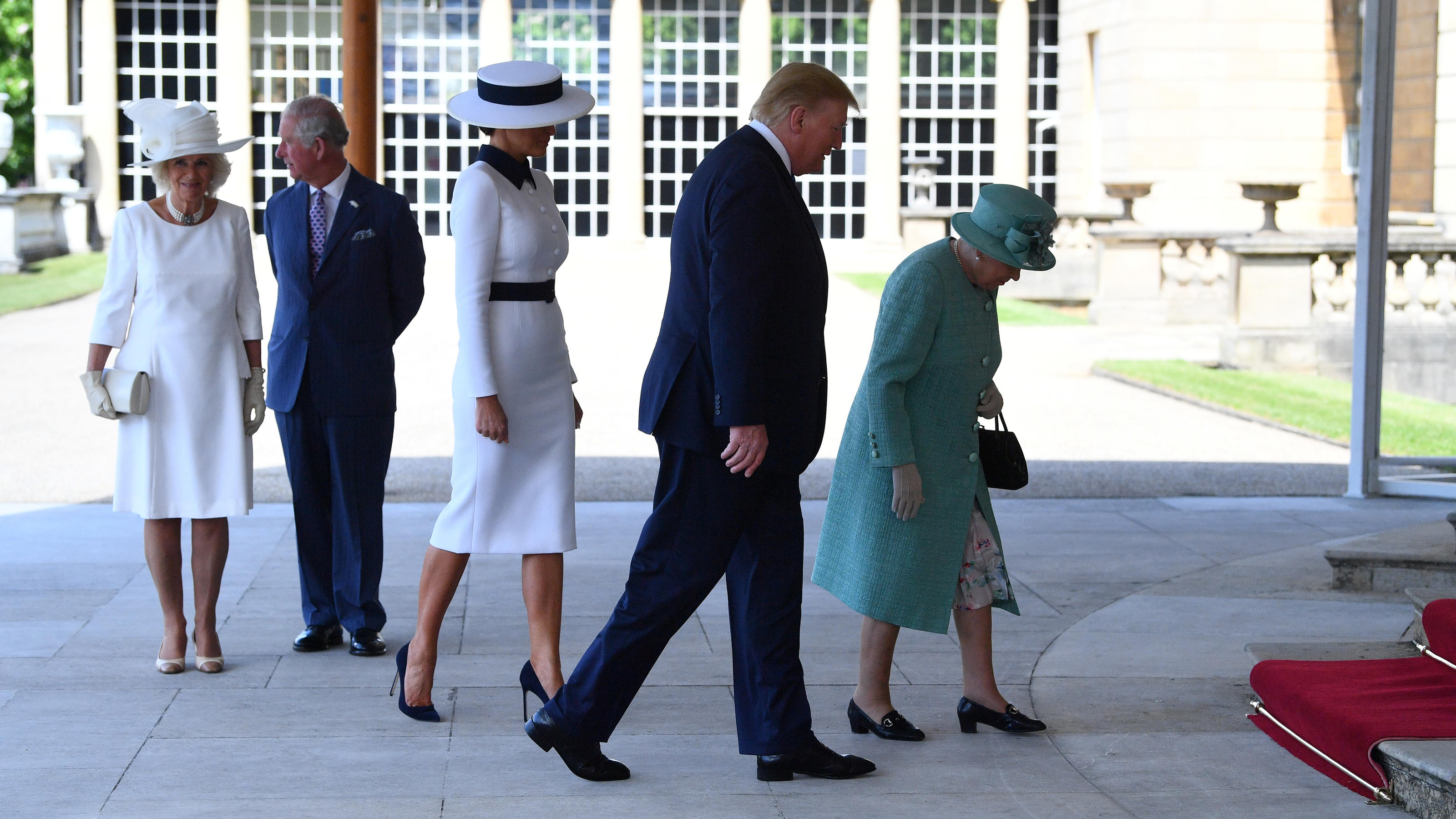 Britain's Camilla, Duchess of Cornwall, Prince Charles, U.S. first lady Melania Trump, U.S. President Donald Trump and Queen Elizabeth II arrive for the Ceremonial Welcome at Buckingham Palace in London, Britain June 3, 2019. Victoria Jones/Pool via 
