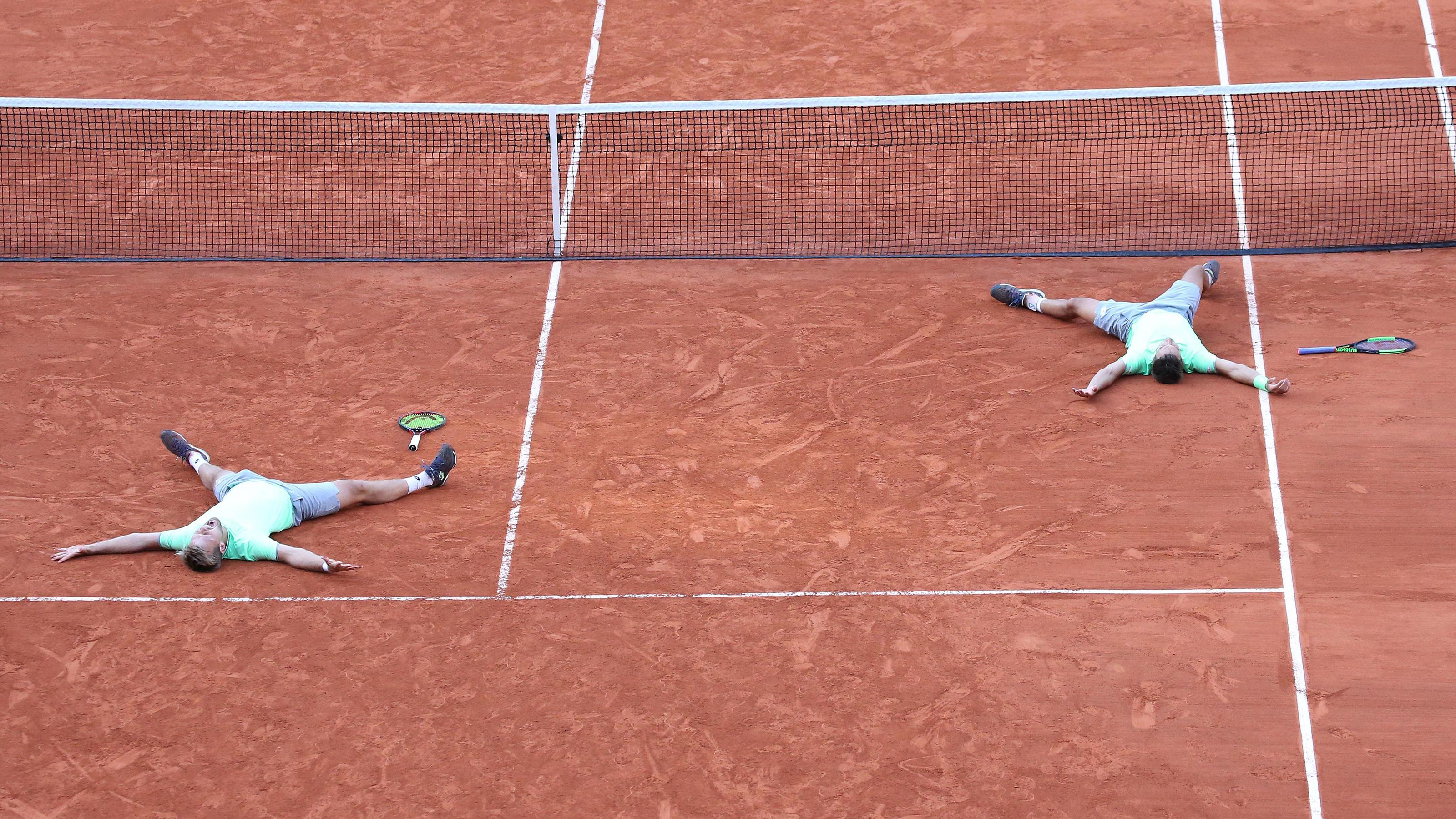 Kevin Krawietz (bright hair) and Andreas Mies (dark hair), GER, after doubles final of 2019 French Open at Roland Garros, Paris, 08/06/2019; - *** Kevin Krawietz bright hair and Andreas Mies dark hair , GER, after doubles final of 2019 French Open at