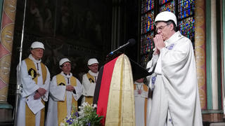 The Archbishop of Paris Michel Aupetit leads the first mass in a side chapel two months to the day after a devastating fire engulfed the Notre-Dame de Paris cathedral, in Paris, France June 15, 2019. Karine Perret/Pool via REUTERS