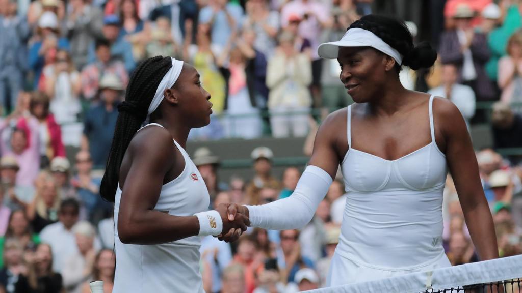 American Cori Gauff (L) defeats American Venus Williams in the first round match at Wimbledon on Monday, July 1, 2019. Gauff defeated Williams 6-4, 6-4. PUBLICATIONxINxGERxSUIxAUTxHUNxONLY LON2019070152 HUGOxPHILPOTT