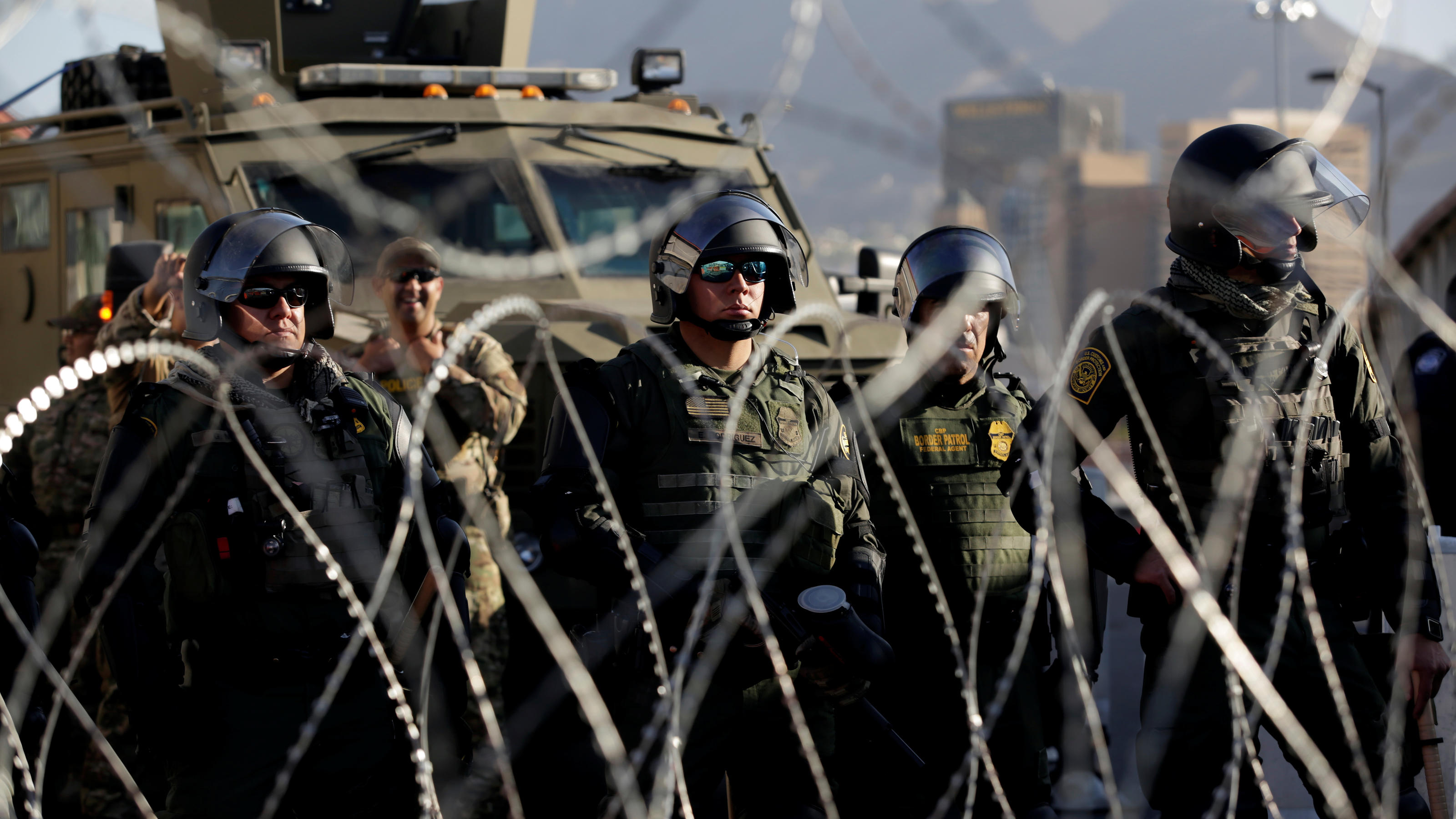 Customs and Border Protection (CBP) Mobile Field Force and Special Response Team members are seen at Paso del Norte border crossing bridge as part of the security measures put in place after migrants from Cuba protested early Monday to demand quickne