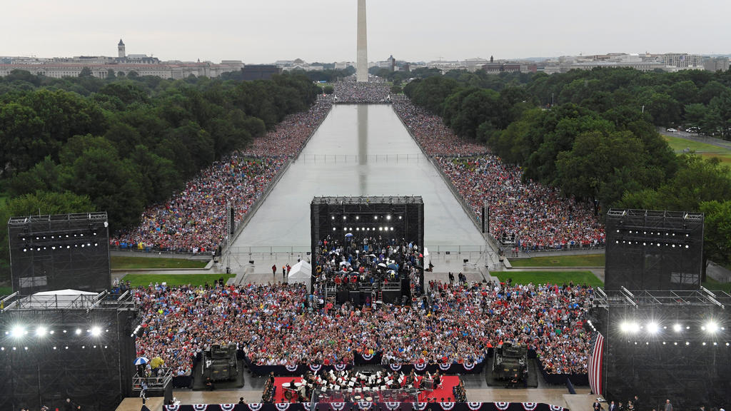 President Donald Trump speaks during an Independence Day celebration in front of the Lincoln Memorial in Washington, U.S., July 4, 2019. The Washington Monument and the reflecting pool are in the background.   Susan Walsh/Pool via REUTERS