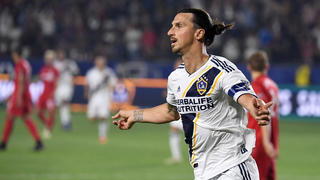 Jul 4, 2019; Carson, CA, USA; LA Galaxy forward Zlatan Ibrahimovic  (9) celebrates after scoring a goal in the second half at Dignity Health Sports Park. The Galaxy defeated Toronto FC 2-0. Mandatory Credit: Kirby Lee-USA TODAY Sports