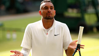 LONDON, ENGLAND - JULY 04: Nick Kyrgios of Australia reacts in his Men's Singles second round match against Rafael Nadal of Spain during Day four of The Championships - Wimbledon 2019 at All England Lawn Tennis and Croquet Club on July 04, 2019 in London, England. (Photo by Clive Brunskill/Getty Images)