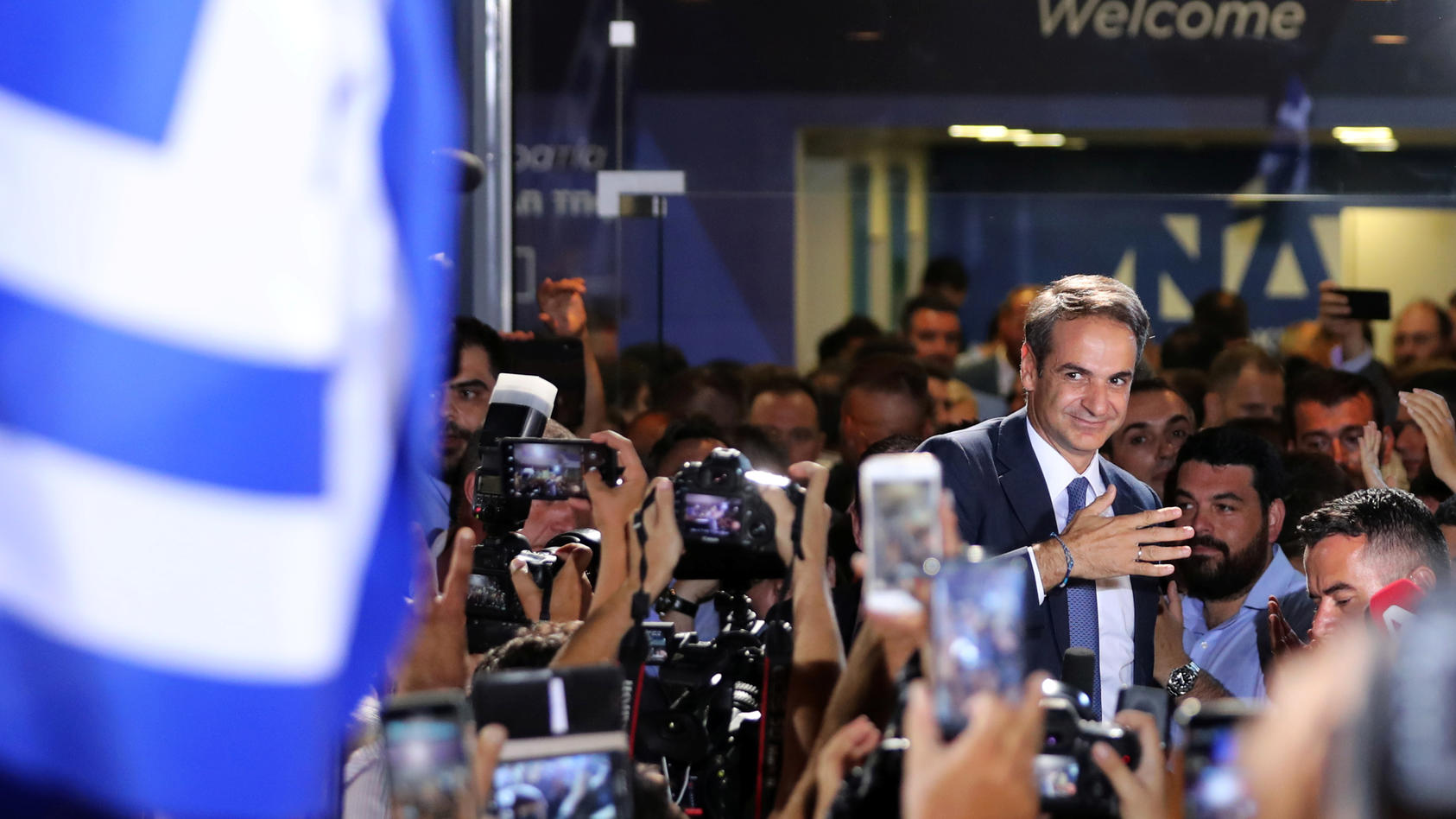 New Democracy conservative party leader Kyriakos Mitsotakis speaks outside party's headquarters, after the general election in Athens, Greece, July 7, 2019. REUTERS/Alkis Konstantinidis     TPX IMAGES OF THE DAY