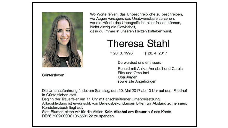 Todesanzeige Theresa Stahl