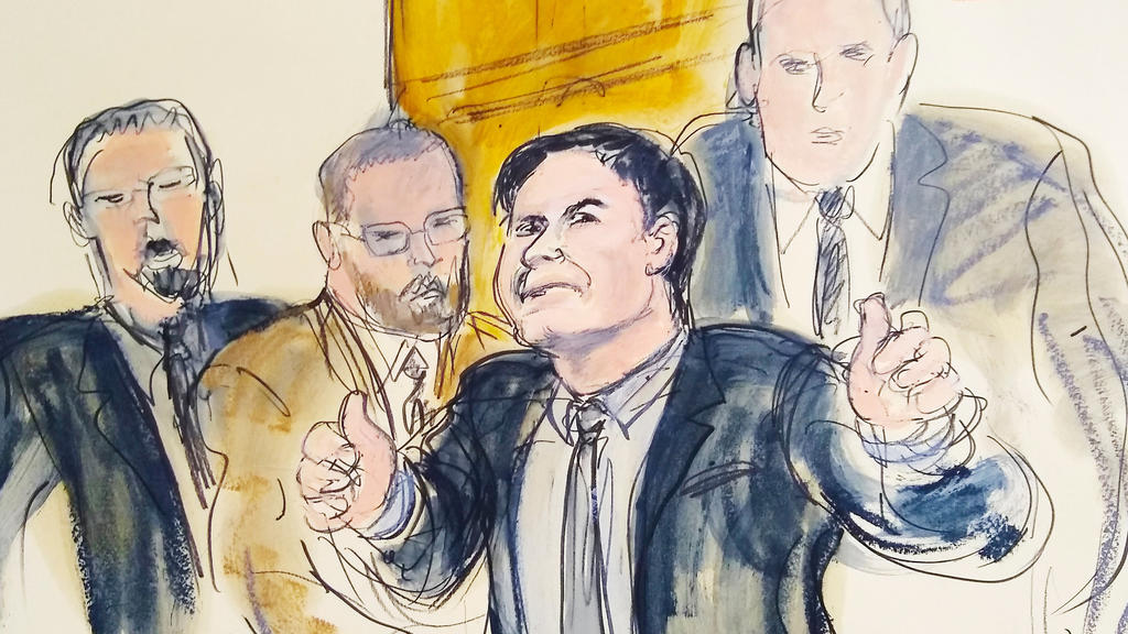 ARCHIV - 12.02.2019, USA, New York: Die Gerichtszeichnung zeigt Joaquin «El Chapo» Guzman (2.v.r.), der begleitet von US-Marshalls gestikuliert als er den Gerichtssaal verlässt. Rund ein halbes Jahr nach der Verurteilung des mexikanischen Drogenbosse