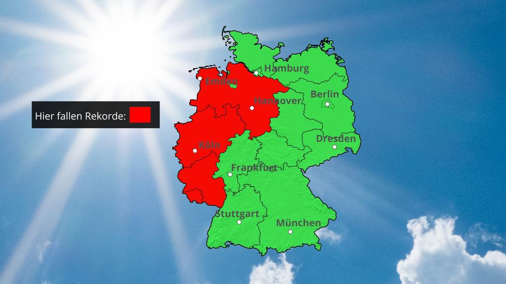 Die Karte zeigt Regionen, wo am Donnerstag Temperaturrekorde fallen
