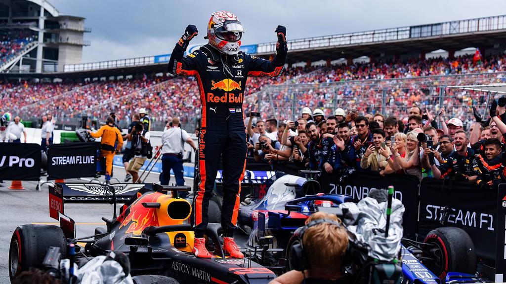 28.07.2019, xpsx, Motorsport FIA Formel 1, Mercedes Benz Großer Preis von Deutschland 2019 Rennen v.l. Sieger, Jubel Max Verstappen (Aston Martin Red Bull Racing 33 NED) Hockenheim *** 28 07 2019, xpsx, Motorsport FIA Formula 1, Mercedes Benz Grand P
