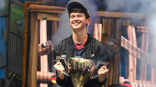 Jul 28, 2019; Flushing, NY, USA; Bugha celebrates after his win as the first solo World Champion at the Fortnite World Cup Finals e-sports event at Arthur Ashe Stadium. Mandatory Credit: Dennis Schneidler-USA TODAY Sports