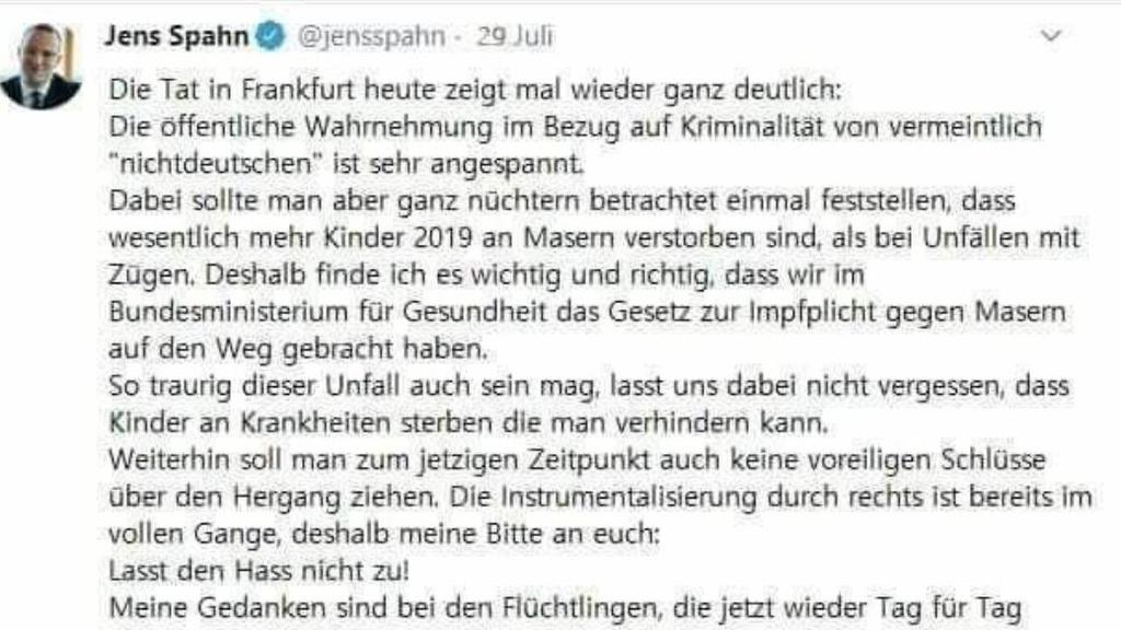 Gefälschter Twitter-Post von Jens Spahn zum ICE-Mord in Frankfurt