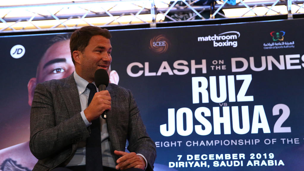 LONDON, ENGLAND - AUGUST 12: Eddie Hearn, managing director of Matchroom Sport and Omar Khalil, Managing Partner of Skill Challenge Entertainment, official event partner in The Kingdom of Saudi Arabia address a press conference to formally announce