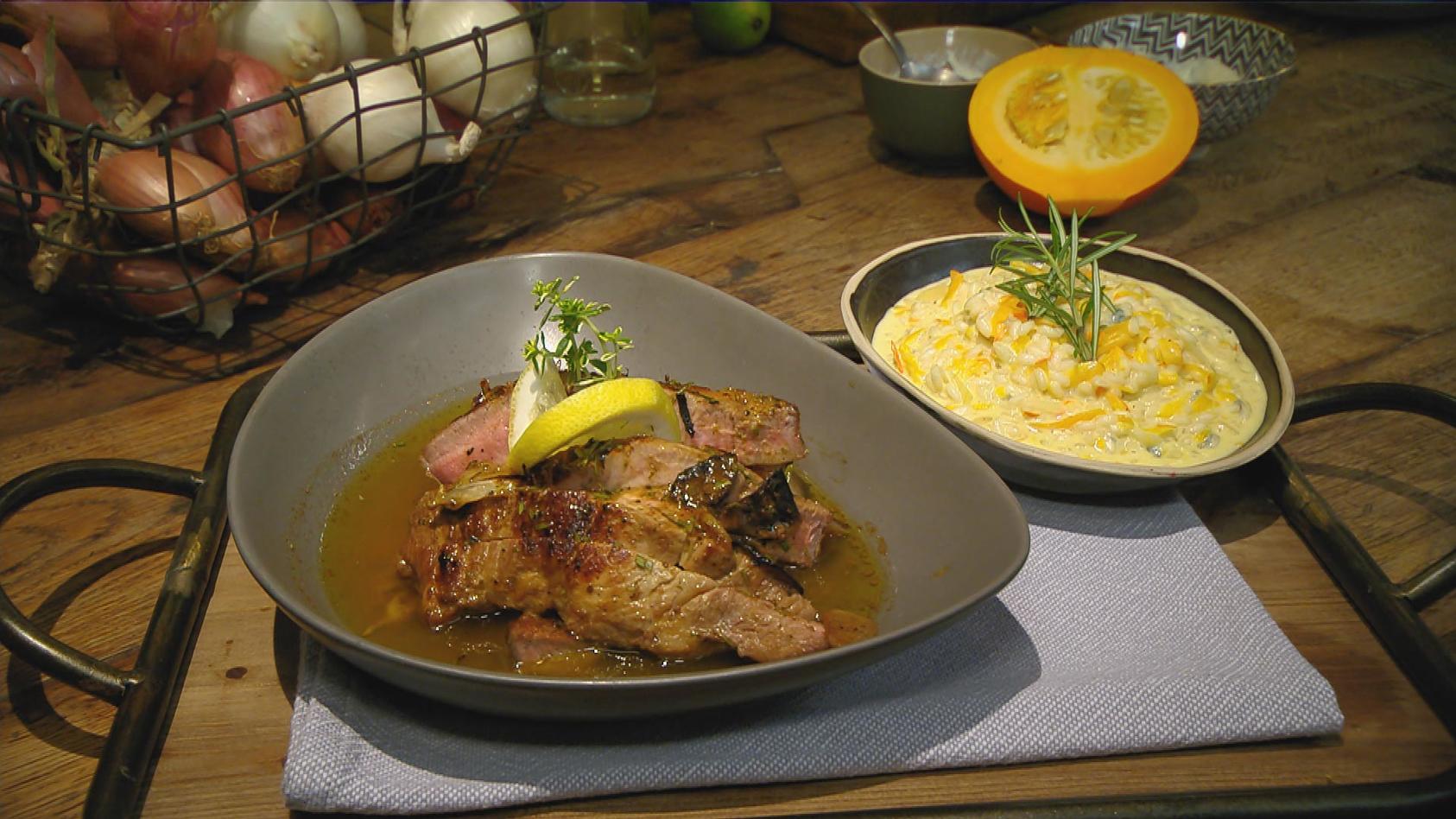 Schweinesteak Mit Gorgonzola Kurbis Risotto Das Rezept Aus Essen Trinken Fur Jeden