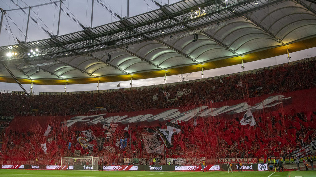 FRANKFURT AM MAIN, GERMANY - AUGUST 15: Fans of Eintracht Frankfurt prior to the Eintracht Frankfurt against FC Vaduz match of UEFA Europa League Third Qualifying Round at Commerzbank Arena on August 15, 2019 in Frankfurt am Main, Germany. (Photo by