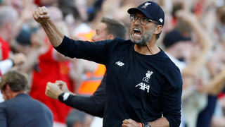 Soccer Football - Premier League - Liverpool v Arsenal - Anfield, Liverpool, Britain - August 24, 2019  Liverpool manager Juergen Klopp celebrates after Mohamed Salah scores their third goal   REUTERS/Phil Noble  EDITORIAL USE ONLY. No use with unauthorized audio, video, data, fixture lists, club/league logos or "live" services. Online in-match use limited to 75 images, no video emulation. No use in betting, games or single club/league/player publications.  Please contact your account representative for further details.