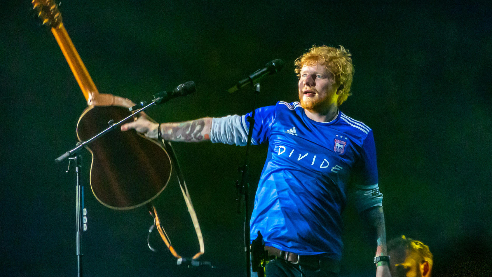 Picture dated August 23rd shows Ed Sheeran wearing an Ipswich Town football shirt on Friday night as he plays the first of four nights at Chantry Park in his home town of Ipswich as he finishes  his record breaking three year Divide tour.Ed Sheeran k