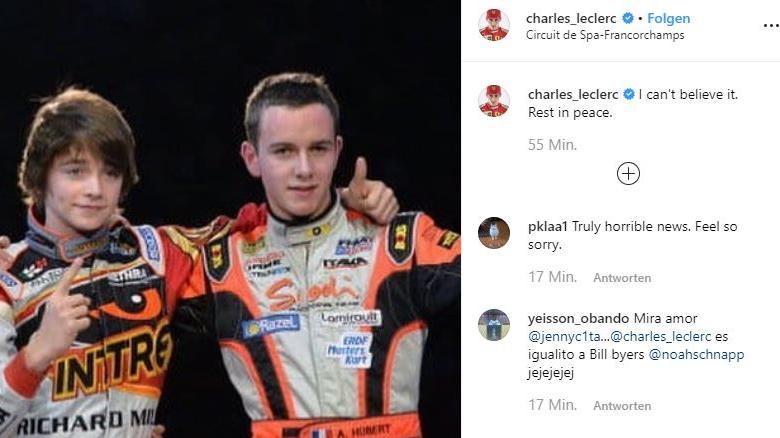 Instagram-Post von Chalres Leclerc als Reaktionen auf den Unfall-Tod von Anthoine Hubert