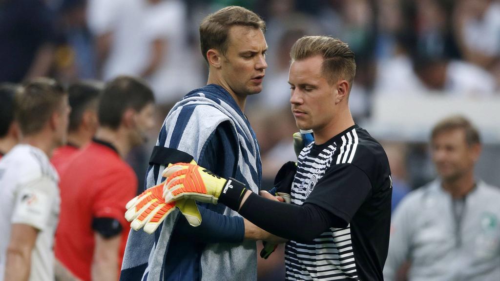 Fussball International - Vorbereitungsspiel, Deutschland (GER) - Saudi Arabien (SA ) 2-1 in der Bay-Arena in Leverkusen am 08. Juni 2018 Torwart Manuel NEUER (GER) li.- und Marc-Andre ter STEGEN (GER) re.- *** Soccer International Preparatory match G