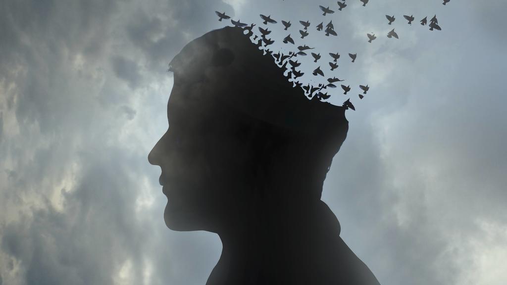 Kopf eines Mannes löst sich auf in einen wegfliegenden Vogelschwarm PUBLICATIONxINxGERxSUIxAUTxONLY GaryxWaters 11591146  